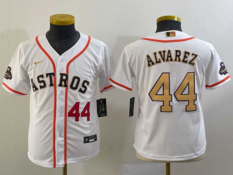 Youth Houston Astros #44 Yordan Alvarez Number 2023 White Gold World Serise Champions Patch Cool Base Stitched Jerseys->mlb youth jerseys->MLB Jersey